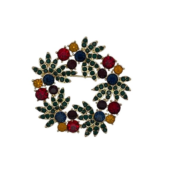 Christmas Brooch Red Green Yellow Purple Blue Rhinestones Wreath - Picture 1 of 8